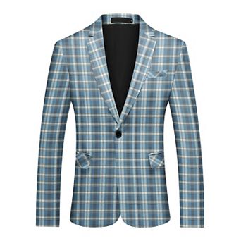 Men's Checked Blazer Casual Slim Fit Notch Lapel One Button Sport Coat