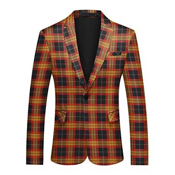 Men's Checked Blazer Casual Slim Fit Notch Lapel One Button Sport Coat