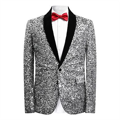 Mens Sequin Tuxedo Blazer Shawl Collar One-Button Dinner Jacket