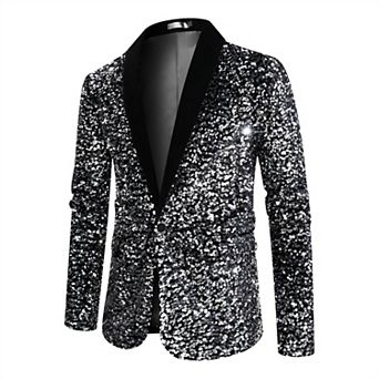 Mens Sequin Tuxedo Blazer Shawl Collar One-Button Dinner Jacket
