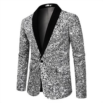Mens Sequin Tuxedo Blazer Shawl Collar One-Button Dinner Jacket