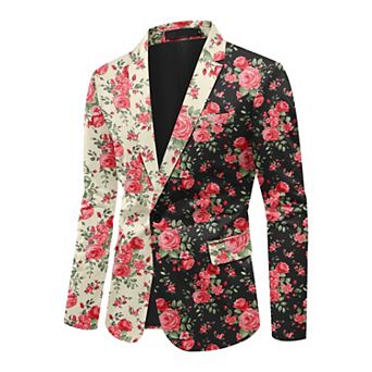 Men's Floral Print Blazer Two-Tone Notch Lapel 1-Button Suit Jacket