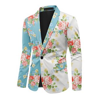 Men's Floral Print Blazer Two-Tone Notch Lapel 1-Button Suit Jacket