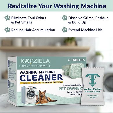Katziela Washing Machine Cleaner Tablets 6 Pack (3-Month Supply) Formulated for Pet Owners