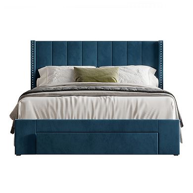Contemporary Velvet Platform Bed with Storage