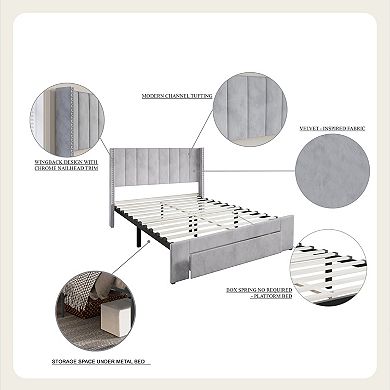 Contemporary Velvet Platform Bed with Storage