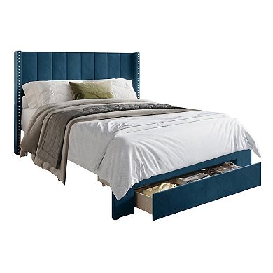 Contemporary Velvet Platform Bed with Storage