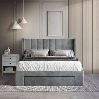 Contemporary Velvet Platform Bed with Storage