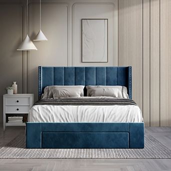 Contemporary Velvet Platform Bed with Storage