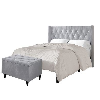 Glamour Velvet Upholstered Bed with Storage Bench