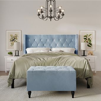 Glamour Velvet Upholstered Bed with Storage Bench