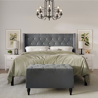 Glamour Velvet Upholstered Bed with Storage Bench