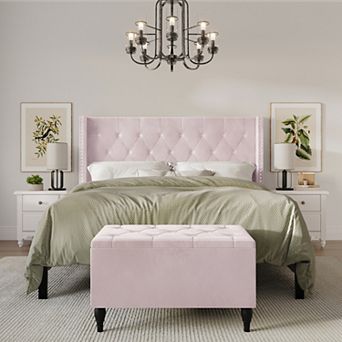 Glamour Velvet Upholstered Bed with Storage Bench