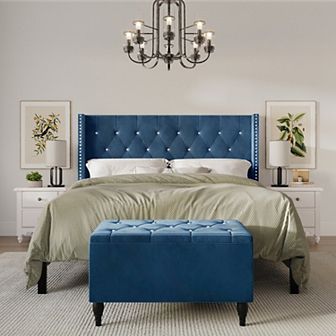Glamour Velvet Upholstered Bed with Storage Bench