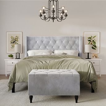 Glamour Velvet Upholstered Bed with Storage Bench