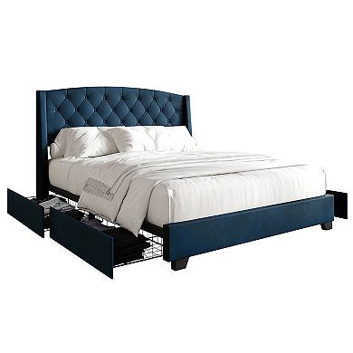 Transitional Velvet Platform Bed with Storage