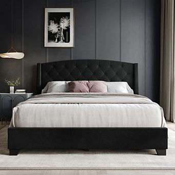 Transitional Velvet Platform Bed with Storage