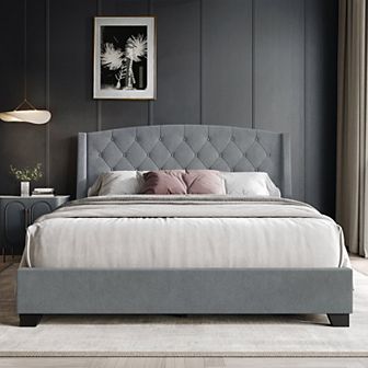 Transitional Velvet Platform Bed with Storage
