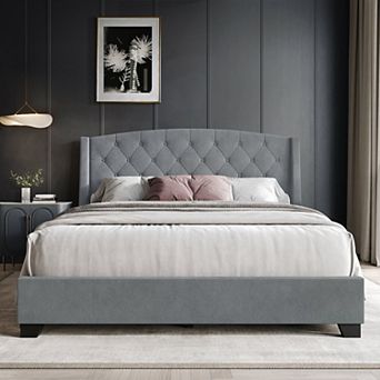 Transitional Velvet Platform Bed with Storage