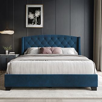 Transitional Velvet Platform Bed with Storage