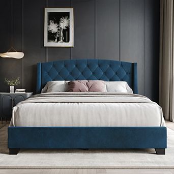 Transitional Velvet Platform Bed with Storage