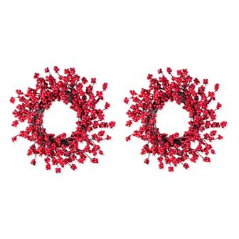 Glitzhome Set of 2 Christmas Wreaths, 14"D Mini Red Berries Artificial Wreaths