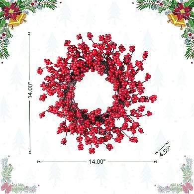 Glitzhome Set of 2 Christmas Wreaths, 14"D Mini Red Berries Artificial Wreaths
