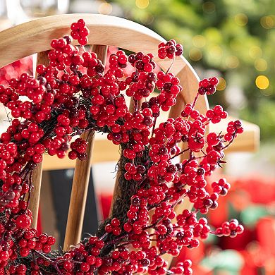 Glitzhome Set of 2 Christmas Wreaths, 14"D Mini Red Berries Artificial Wreaths