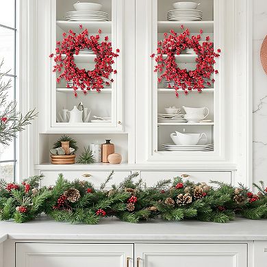 Glitzhome Set of 2 Christmas Wreaths, 14"D Mini Red Berries Artificial Wreaths