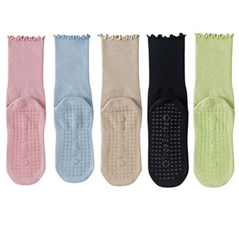 5 Pairs Women's Anti-Slip Crew Yoga Socks Soft Cotton Grip Sole Seamless Toe Design