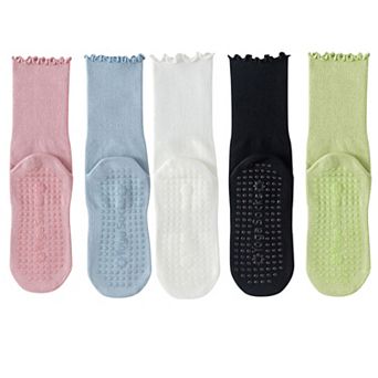 5 Pairs Women's Anti-Slip Crew Yoga Socks Soft Cotton Grip Sole Seamless Toe Design