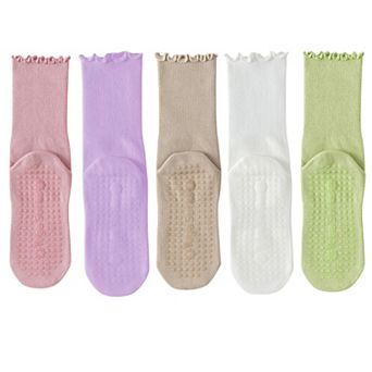 5 Pairs Women's Anti-Slip Crew Yoga Socks Soft Cotton Grip Sole Seamless Toe Design