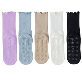5 Pairs Women's Anti-Slip Crew Yoga Socks Soft Cotton Grip Sole Seamless Toe Design