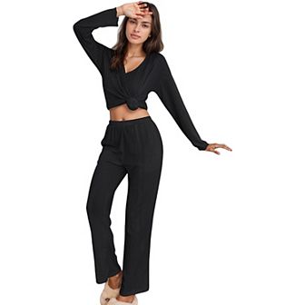 Women's Ribbed Knit Long Sleeve Crop Top and High Waist Lounge Pants Two Piece Set
