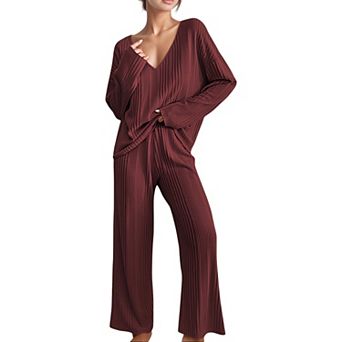 Women's Ribbed Knit Long Sleeve Crop Top and High Waist Lounge Pants Two Piece Set