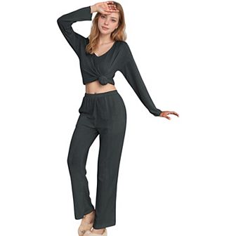Women's Ribbed Knit Long Sleeve Crop Top and High Waist Lounge Pants Two Piece Set