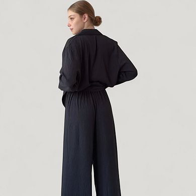 Women's Textured Button Down Pajama Set with Relaxed Fit Long Sleeve Shirt and Wide Leg Pants