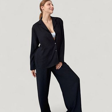 Women's Textured Button Down Pajama Set with Relaxed Fit Long Sleeve Shirt and Wide Leg Pants