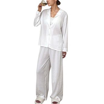 Women's Textured Button Down Pajama Set with Relaxed Fit Long Sleeve Shirt and Wide Leg Pants