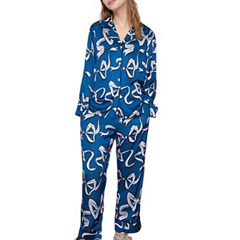 Women's Eel Print Pajama Set with Button Down Long Sleeve Top and Relaxed Fit Wide Leg Woven Pants
