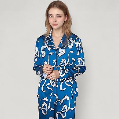 Women's Eel Print Pajama Set with Button Down Long Sleeve Top and Relaxed Fit Wide Leg Woven Pants