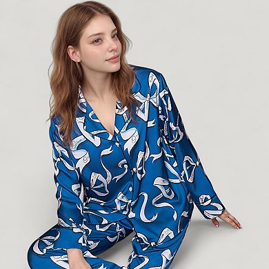 Women's Eel Print Pajama Set with Button Down Long Sleeve Top and Relaxed Fit Wide Leg Woven Pants
