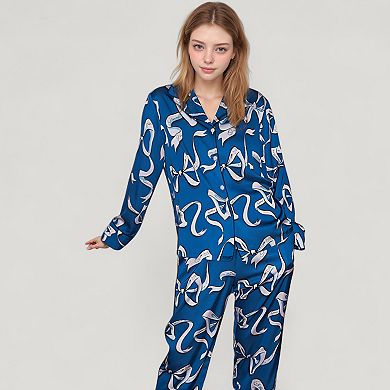 Women's Eel Print Pajama Set with Button Down Long Sleeve Top and Relaxed Fit Wide Leg Woven Pants