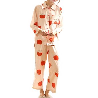 Women's Woven Pajama Set with Playful Tomato Print and Relaxed Button-Up Fit for Everyday Lounging