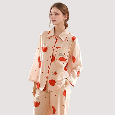 Women's Woven Pajama Set with Playful Tomato Print and Relaxed Button-Up Fit for Everyday Lounging