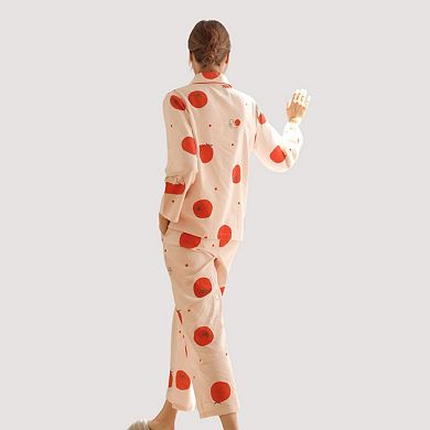 Women's Woven Pajama Set with Playful Tomato Print and Relaxed Button-Up Fit for Everyday Lounging