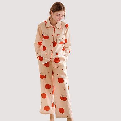 Women's Woven Pajama Set with Playful Tomato Print and Relaxed Button-Up Fit for Everyday Lounging