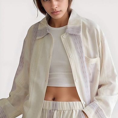 Women's Striped Woven Pajama Set with Collared Long Sleeve Top and Cuffed Wide Leg Pants