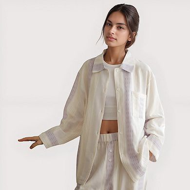 Women's Striped Woven Pajama Set with Collared Long Sleeve Top and Cuffed Wide Leg Pants