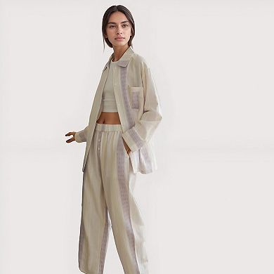 Women's Striped Woven Pajama Set with Collared Long Sleeve Top and Cuffed Wide Leg Pants